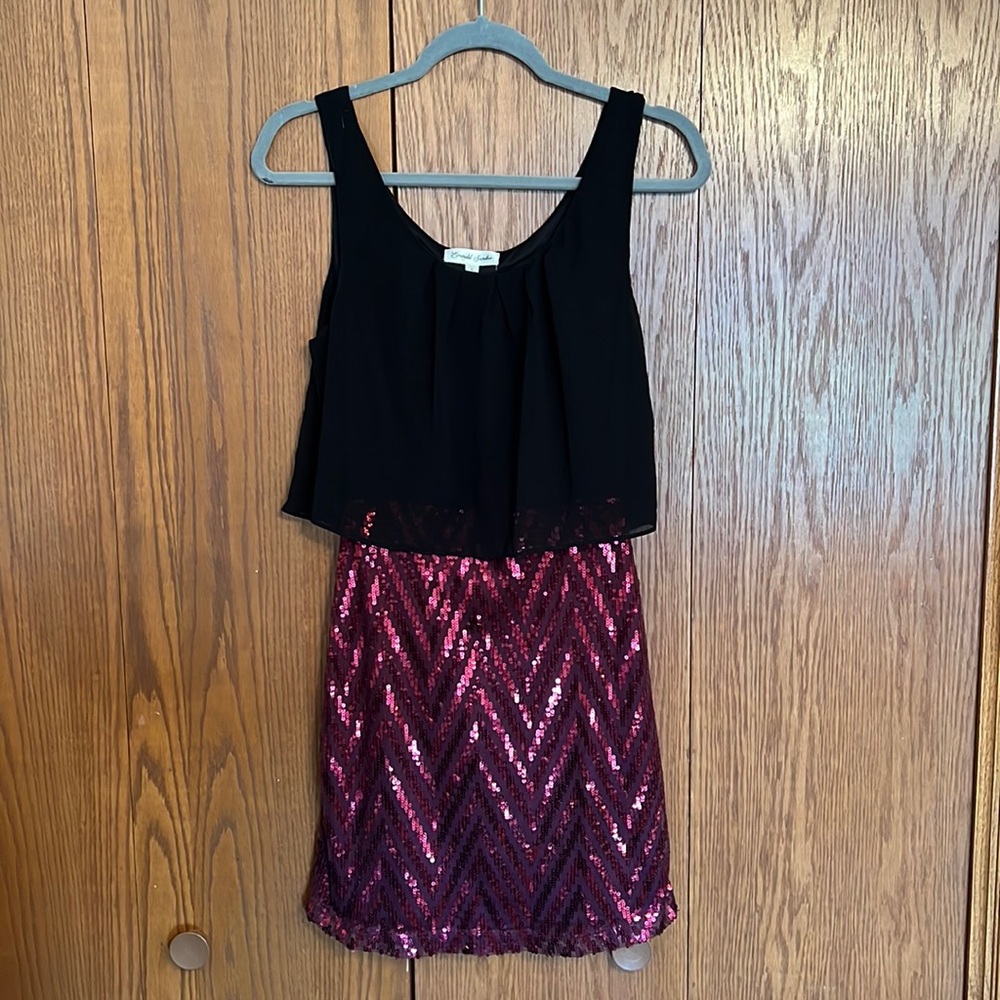 Black and burgundy sparkly homecoming dress